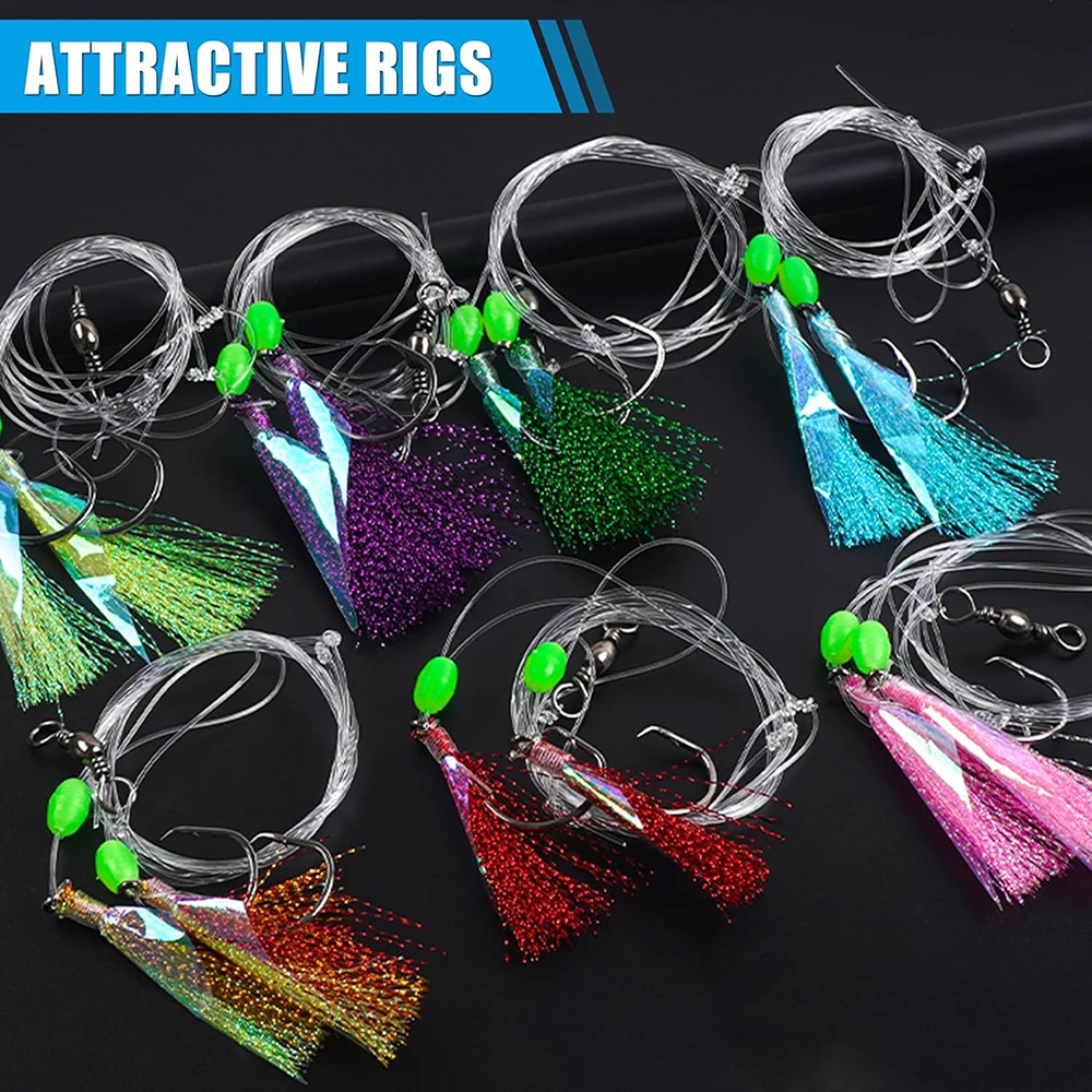 10 paquetes de aparejos de cebo de pesca, anzuelos de agua salada, señuelos intermitentes, aparejos de pesca con mono líder para lubina, aparejos de pesca con fondo de halibut - imagen 5