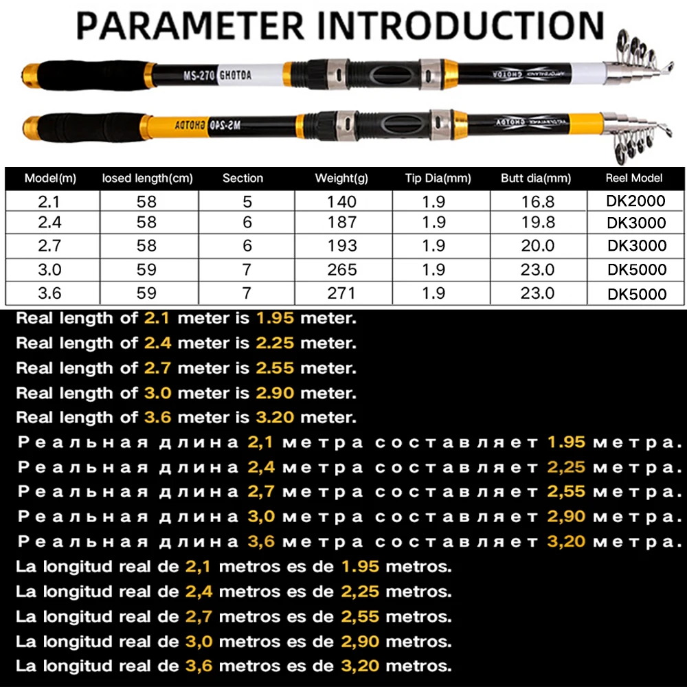 Combo de caña de pescar telescópica, carrete giratorio, arrastre máximo de 8Kg, pesca en agua salada, agua dulce, playa, 1/5-2,1 m, 5,2: 3,6. 1:1 - imagen 4