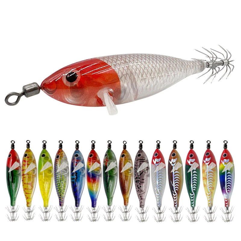 Señuelos de sepia de madera brillantes, 5,7g, 80mm, plomo, cebo para camarones, gancho de abrazadera, anzuelo de calamar, pesca en el mar, pulpo, cebo de calamar, 1 ud.