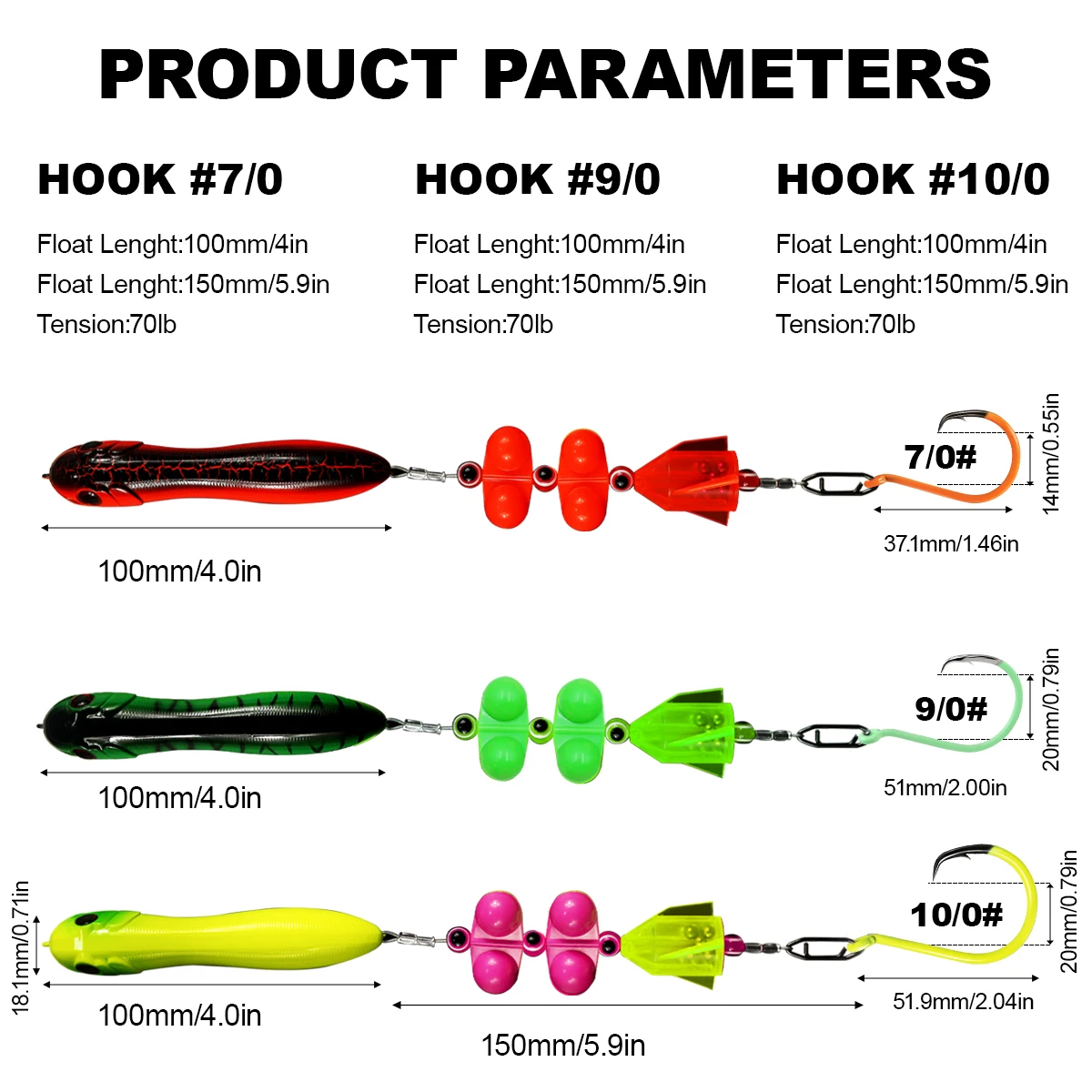 ZYZ 3 piezas de aparejos de bagre con 7/0 # 9/0 # 10/0 # Ganchos circulares coloridos, flotador de cebo falso y cuentas de timbre, Ideal para juegos de pesca de bagre - imagen 2