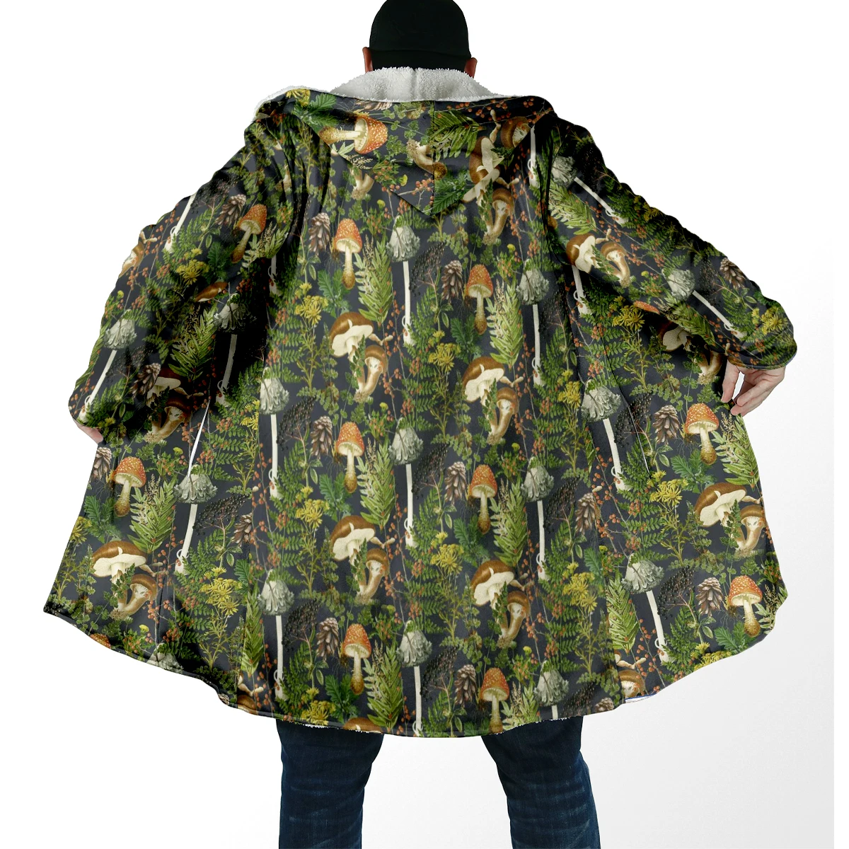 2025 capa de moda de invierno para hombre, capa con capucha de lana gruesa con estampado 3D de setas, capa cálida informal Unisex DP95 - imagen 5