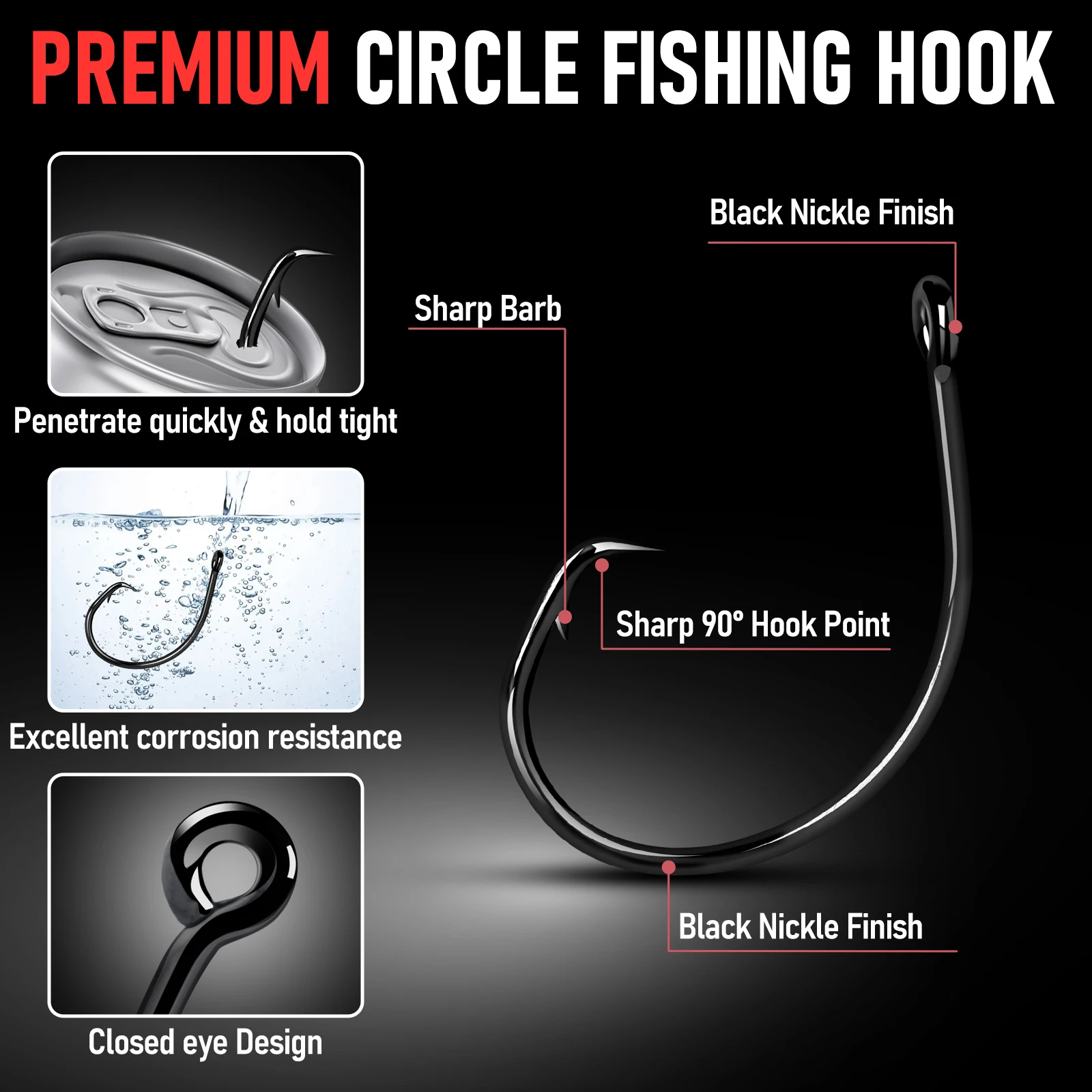 Ganchos circulares de pesca en línea, anzuelo de aparejo Pompano sin compensación, círculo de ojo cerrado, gancho de espacio ancho para lubina, tipo de pez Pan, 100 Uds. - imagen 5