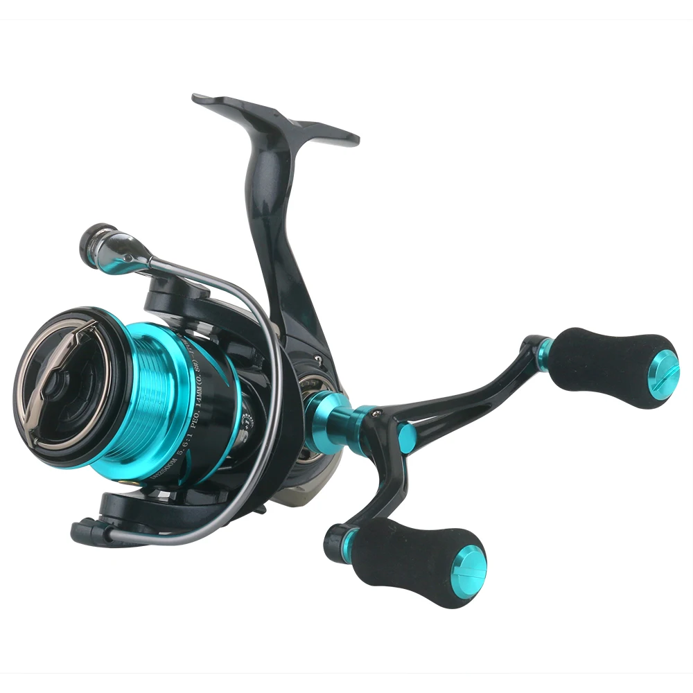 DEUKIO-carrete de pesca giratorio para agua dulce y salada, accesorio de un solo/doble Mango, relación de transmisión 5,6: 1, arrastre máximo de 13lb, mango de Metal CNC - imagen 3