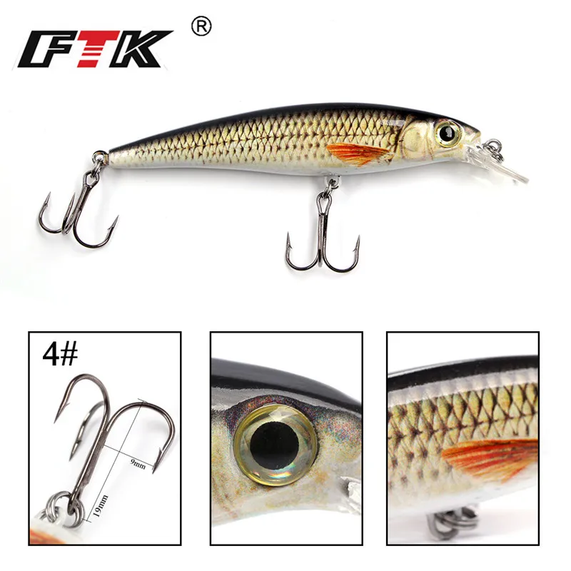 FTK-señuelo de pesca flotante MINNOW, 12g, 10CM, ojo 3D, cebo Artificial duro, Wobblers para Lucio, Crankbait, accesorios de pesca - imagen 5