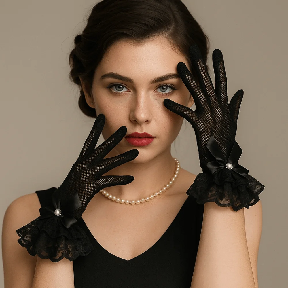 1 par de guantes elásticos de encaje de rejilla para novia, pajarita hueca, guantes de malla de encaje, guantes de perlas de cinco dedos con encaje para boda - imagen 5