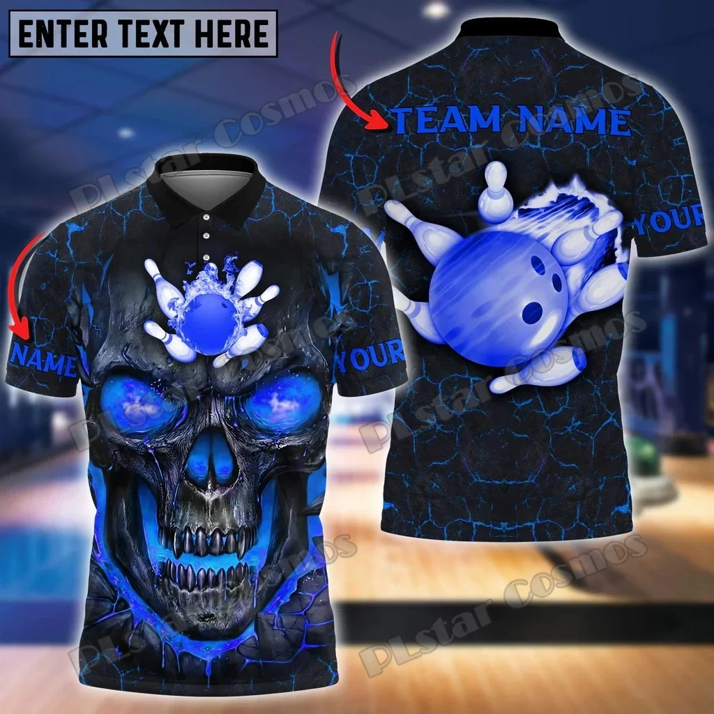 Polos para hombre con estampado 3D de nombre personalizado Multicolor con diseño de calavera y llama de bolos, Polo Premium Unisex informal de verano PLP72 - imagen 2