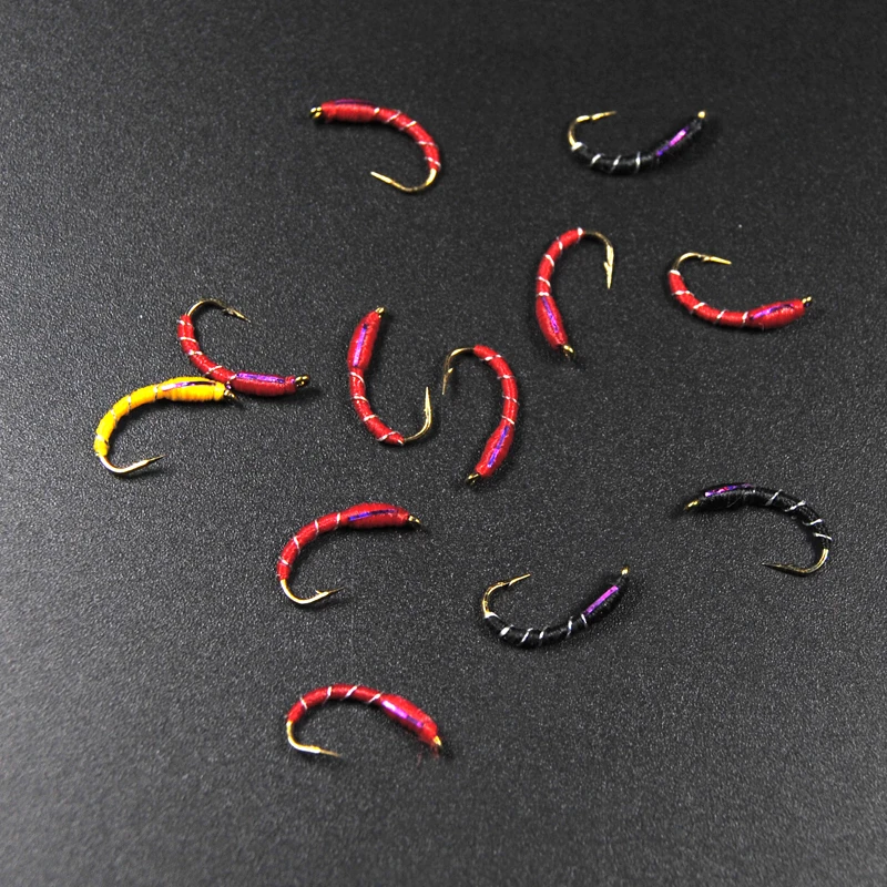 Wifreo 10PCS 12 #   Caddis Larva Chironomid Midge Pupa Buzzer Cebra Ninfa Trucha Moscas Anzuelo de pesca con mosca Negro Rojo Naranja - imagen 2