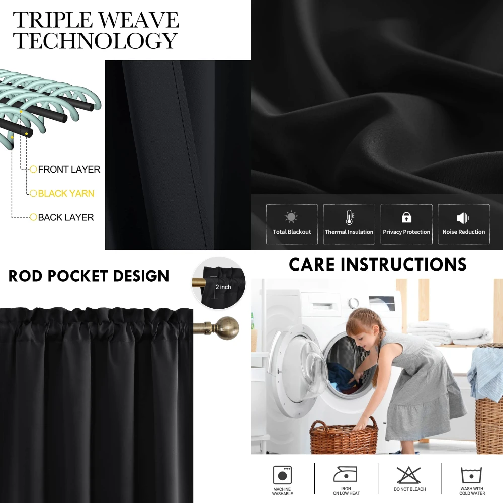 Cortinas opacas negras reductoras de luz con aislamiento térmico, ojales negros, paneles para sala de estar y dormitorio, 1 ud. - imagen 4