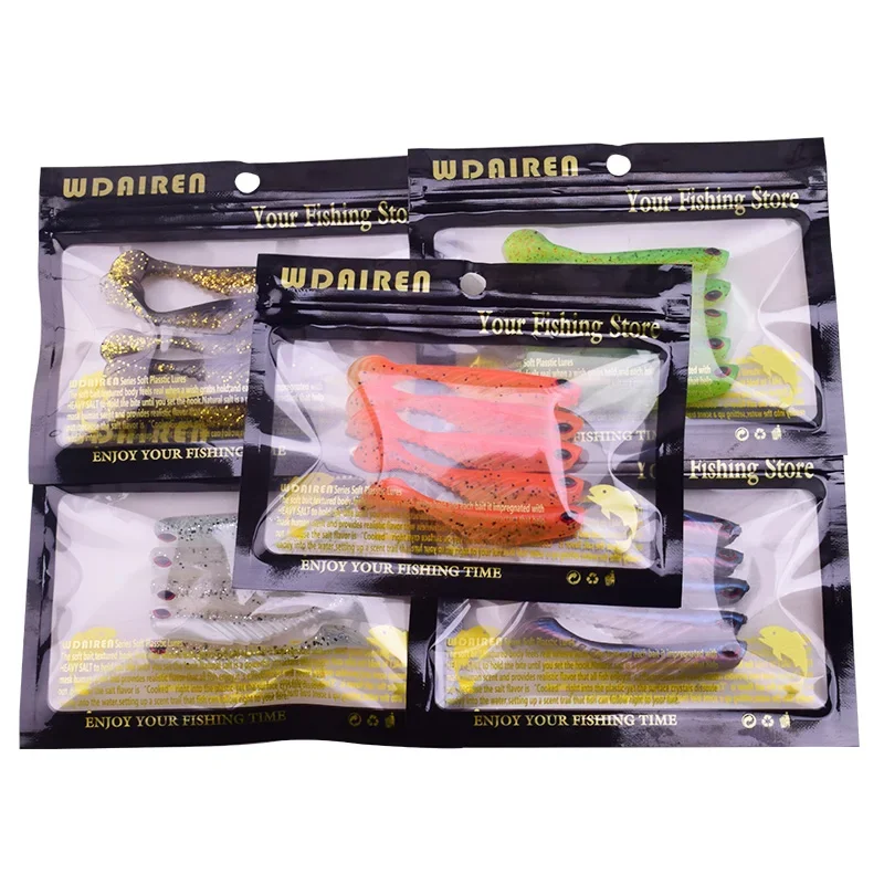 Señuelo de silicona blanda con ojos 3D y cola en T, señuelo de pesca wobbler, señuelo de caucho artificial bicolor, lubina, trucha, jigging, 7cm, 2,8g, 5 uds. - imagen 5