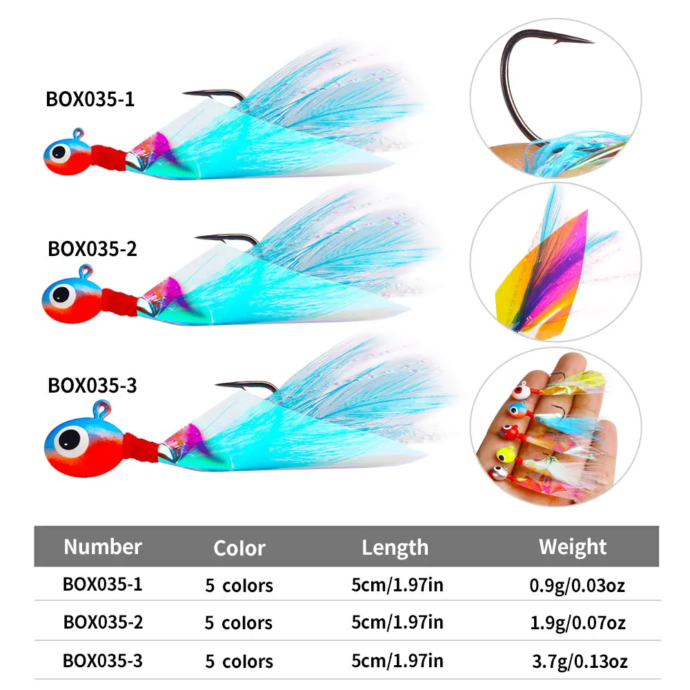Descubra el vibrante Box035-1 Box035-2 y los señuelos de pesca de Box035-3 en 5 colores, cada uno con un diseño y peso únicos, perfecto para su próxima aventura de pesca