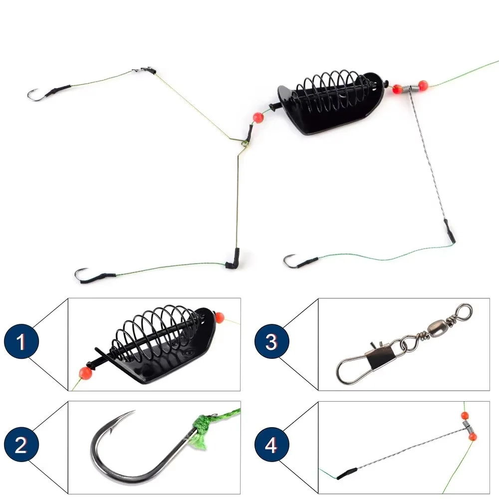 NGB 1 unidad 20G-100G longitud 39CM tres anzuelos jaula para cebo de pesca plomo giratorio con ganchos de línea para alimentador de carpa - imagen 2