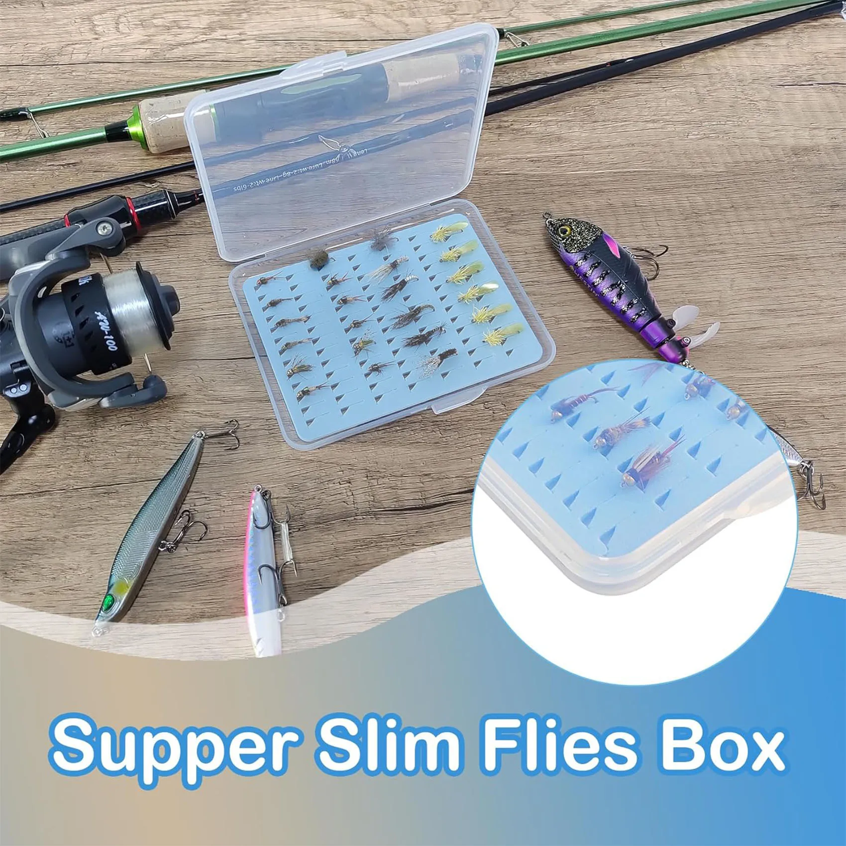 Caja de pesca con mosca delgada transparente transparente Aventik con almacenamiento de aparejos de pesca de espuma azul - imagen 2