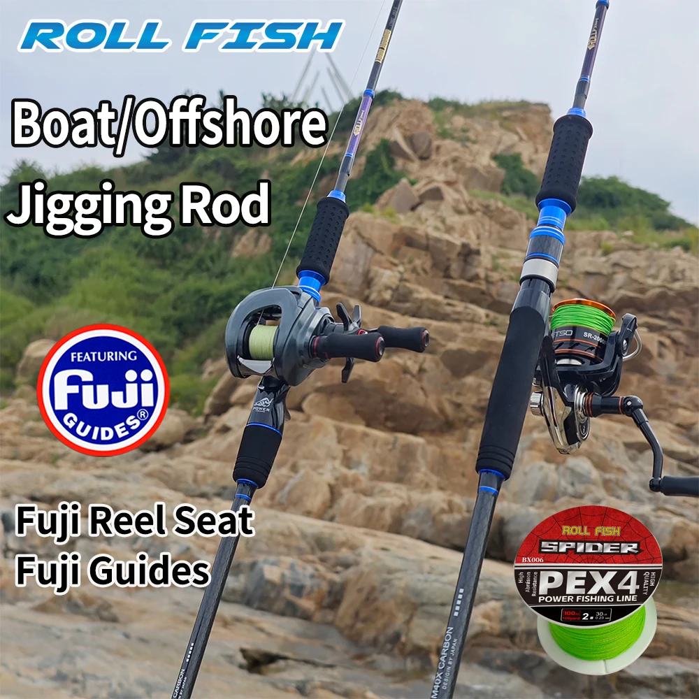 ROLLFISH-varilla de Jigging de agua salada de fibra de carbono de acción rápida, ideal para guías Fuji de atún en alta mar y asiento de carrete + línea de PE de 100m - imagen 2