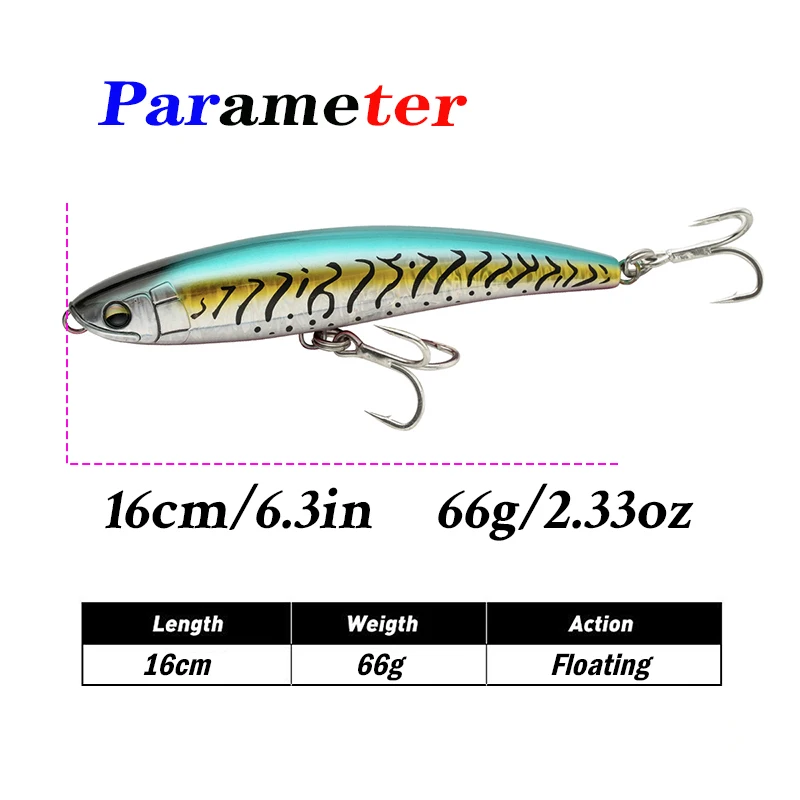 Testar-cebo tipo lápiz flotante, 160mm, 66g, barco de agua salada, curricán, oscilantes artificiales, Stickbait para GT, atún, lubina, Señuelos de Pesca - imagen 2