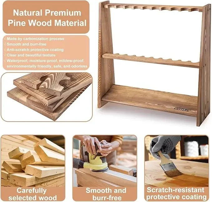 Soporte para caña de pescar de madera de pino Goture, 10 capacidades, fácil de montar, organizador de almacenamiento de caña de pescar extraíble, soporte de exhibición - imagen 2