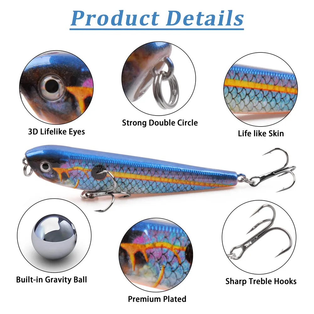 Señuelo de pesca para caminar, cebo flotante de 9g, lápiz sonajero para agua salada, para lubina Popper, walleye, Stickbait, 5 unidades - imagen 4