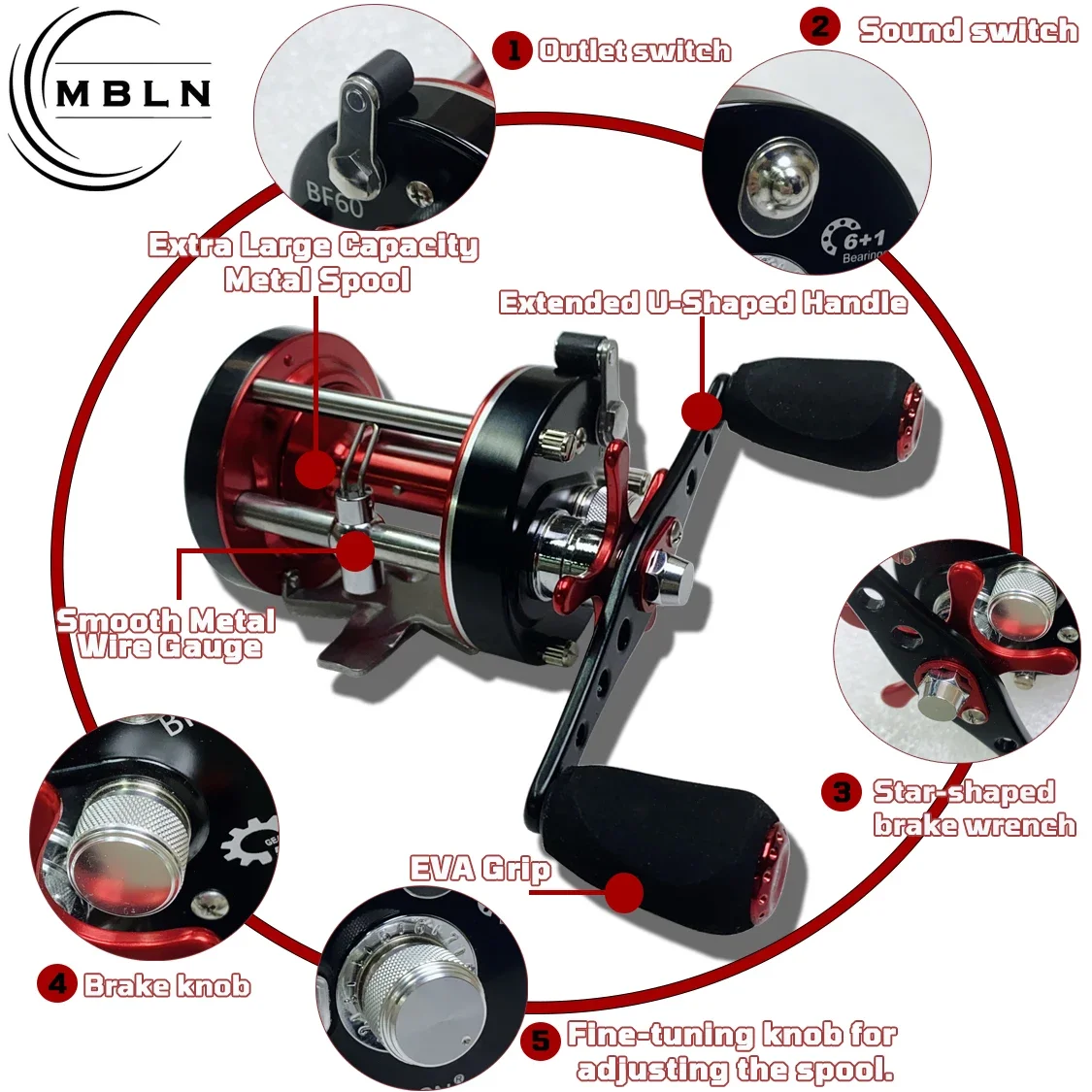 Tambor de fundición totalmente metálico, fuerza de frenado de 13 kg, rodamientos de acero inoxidable 6 + 1, copa de alambre de metal resistente a la corrosión mecanizada CNC - imagen 2