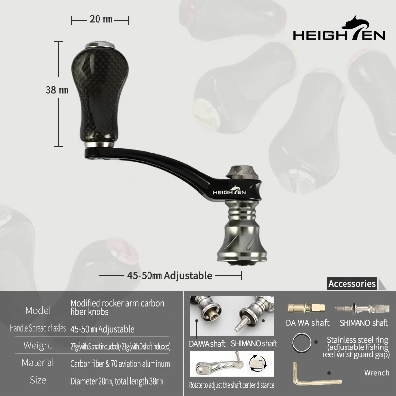 Juego completo de carrete giratorio HEIGHTEN de un solo mango, distancia del husillo ajustable (40 mm a 50 mm) y perillas de carbono de 20 mm |   Compatible - imagen 3