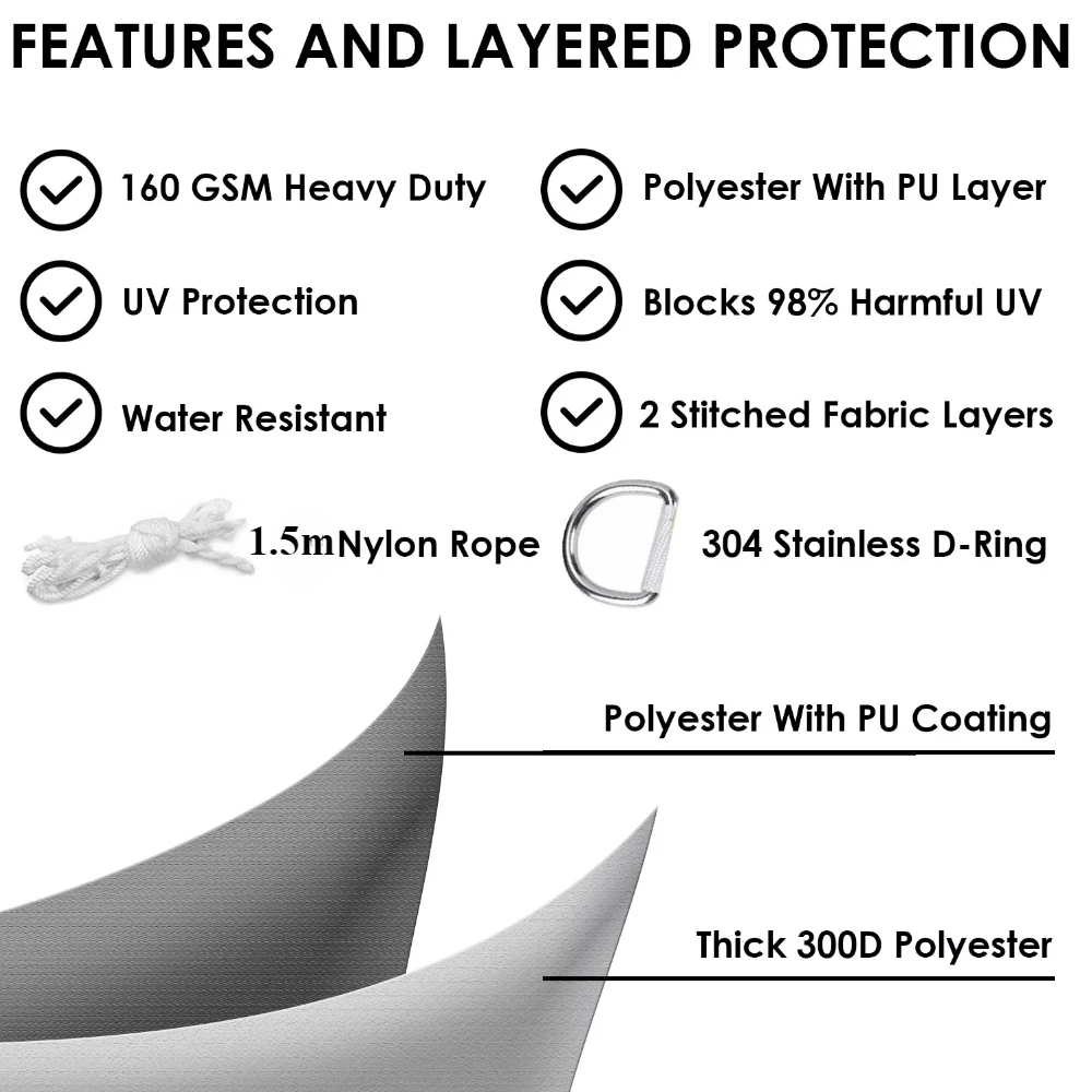 Vela de sombra de sol impermeable, dosel cuadrado rectangular triangular para jardín, bloque UV, tela para sombra de piscina, refugio solar, tiendas de campaña y senderismo - imagen 5