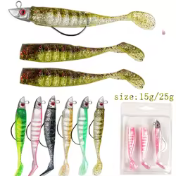 1 Juego de anzuelo de pescado con manivela de cabeza de plomo de 15g y 25g, cebo Artificial suave, accesorios de pesca, plantilla para aparejos de lubina, pesca swimbait