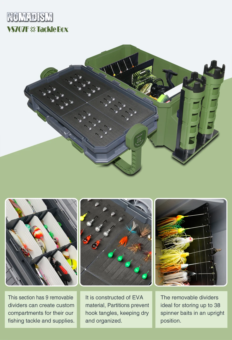 Esta caja de aparejos innovadora presenta divisores extraíbles para la compartimentación personalizada que evita enredar y mantener los artículos secos y organizados