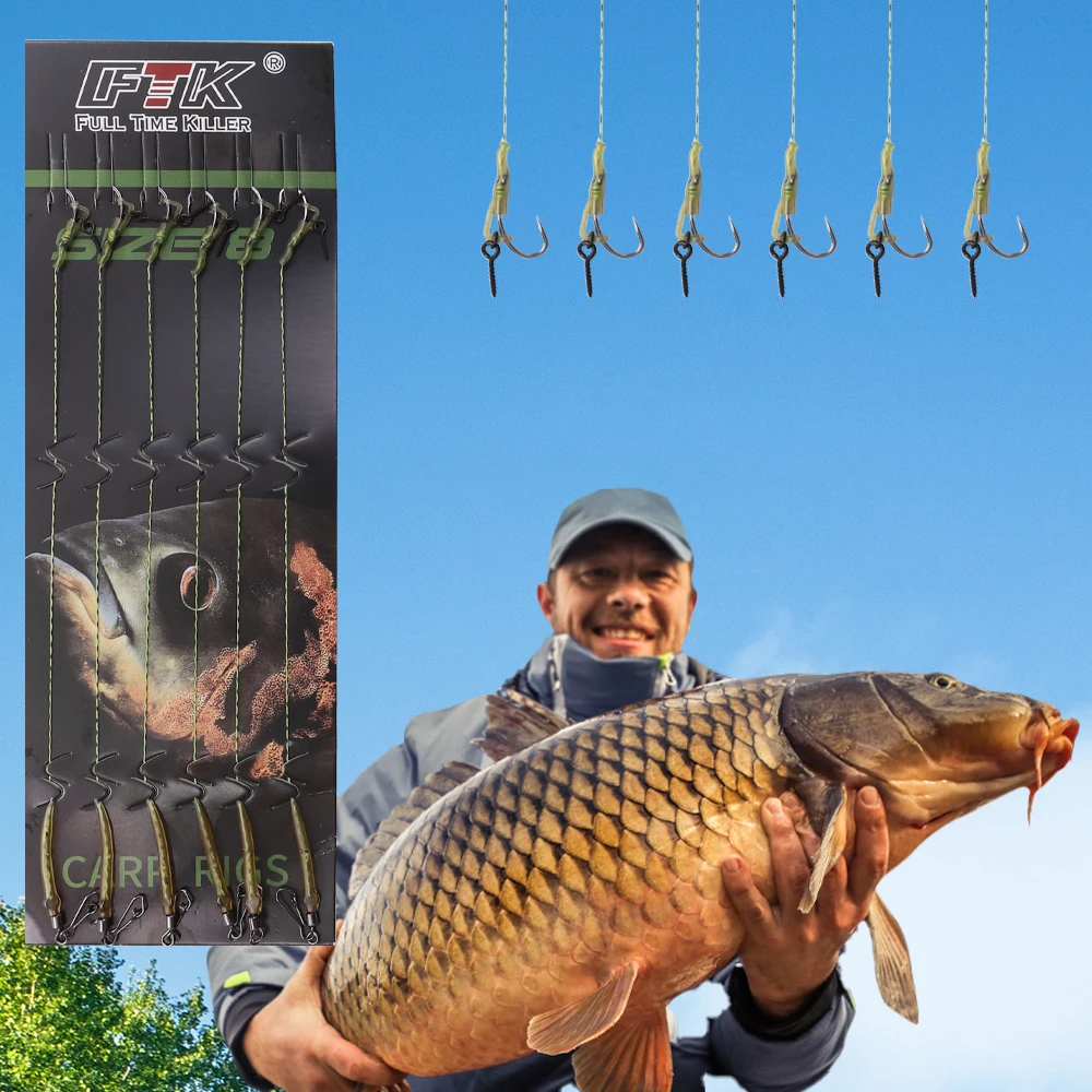 FTK 6 uds anzuelo de pesca de carpa listo hecho gancho enlace atado aparejos terminales aparejos anzuelos de pesca tamaño 2 # 4 # 6 # 8 aparejos de pesca de carpa Pesca - imagen 5