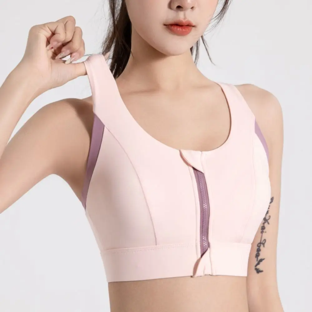 Sujetador deportivo con cremallera frontal de retales para mujer y niña, lencería antiflacidez, sujetador inalámbrico para Yoga, ropa interior ajustada a prueba de golpes - imagen 3