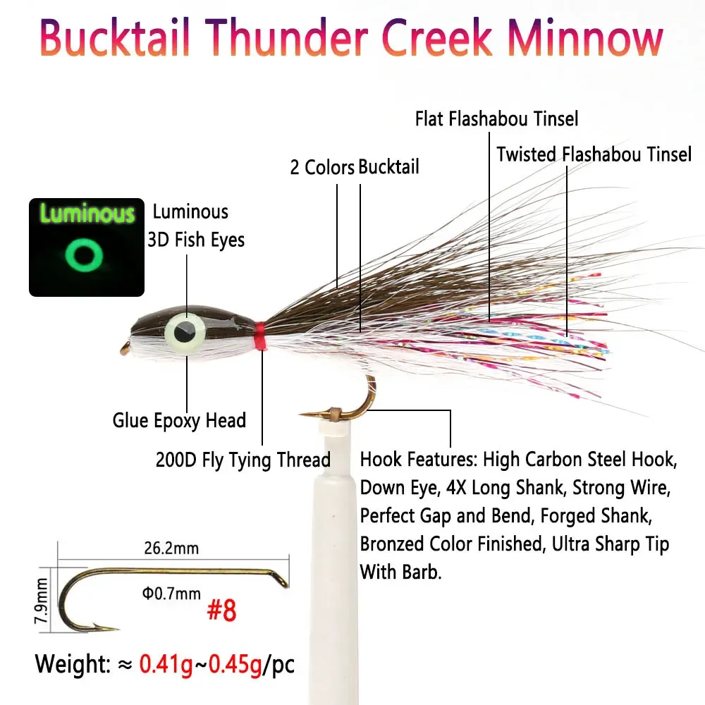 Bimoo 1/2 piezas # 8 ojos de pez 3D luminosos Bucktail Thunder Creek Minnow Fly pequeño Baitfish Streamer trucha marina lubina Lucio señuelos de peces - imagen 3