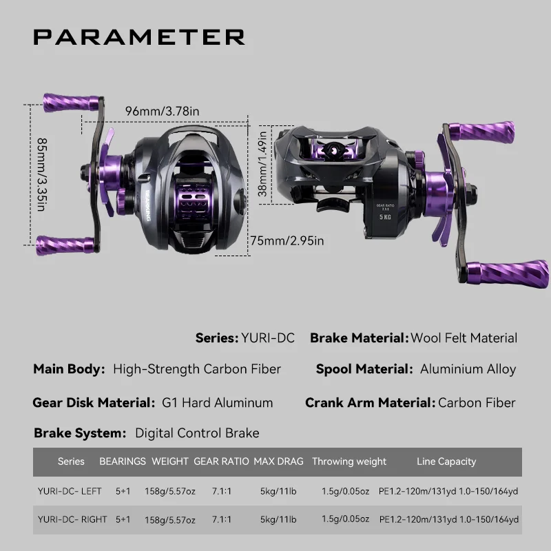 Carrete de Baitcasting Mavllos YURI-DC relación 7,1: 1 5 + 1 rodamientos marco de carbono carrete de Baitcaster 5KG luz de fuerza de freno carretes de fundición BFS - imagen 2