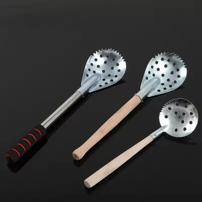 Cuchara para pesca en hielo de acero inoxidable con mango de madera