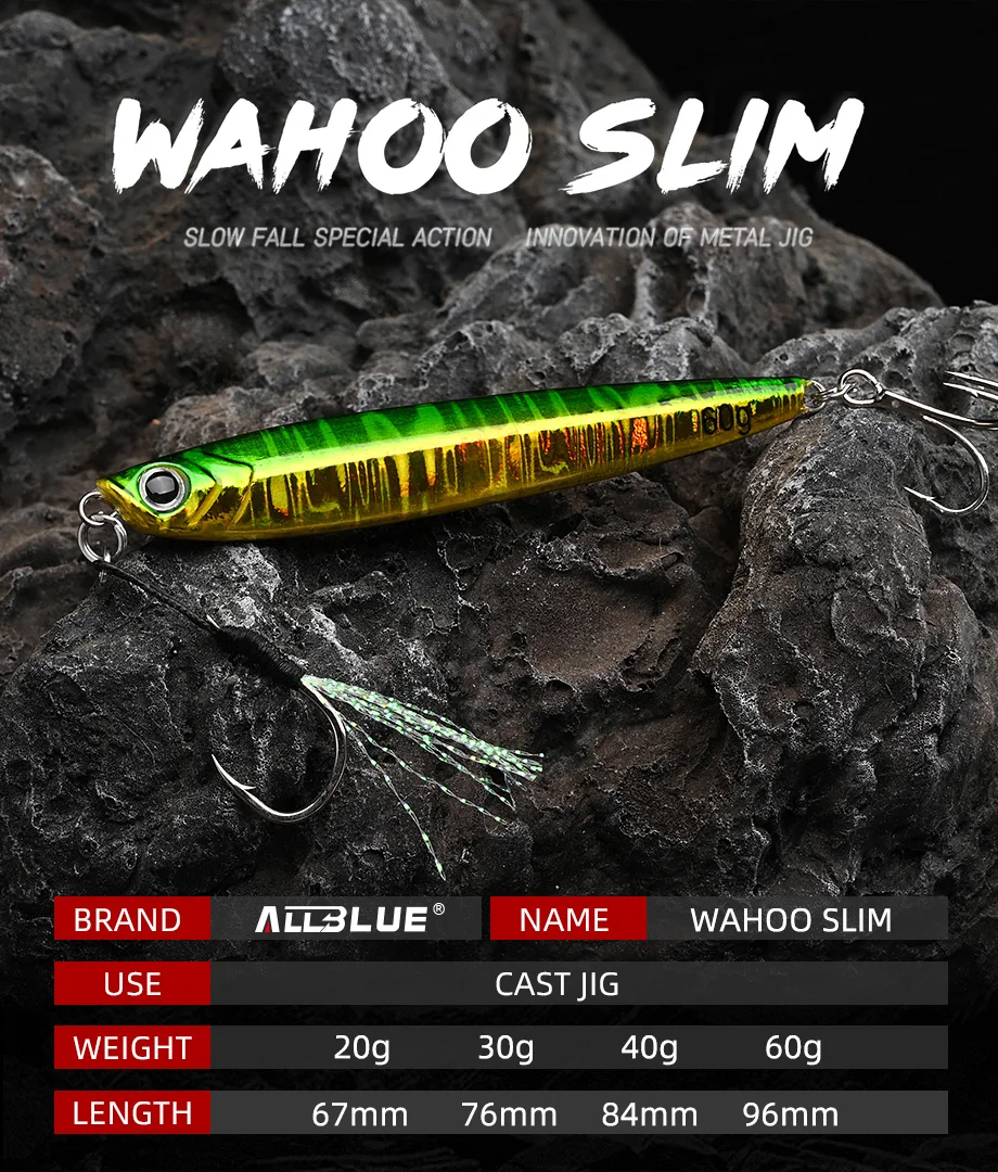 Experimente la emoción de la pesca con el Wahoo Slim, un cebo versátil y duradero diseñado para una acción de caída lenta