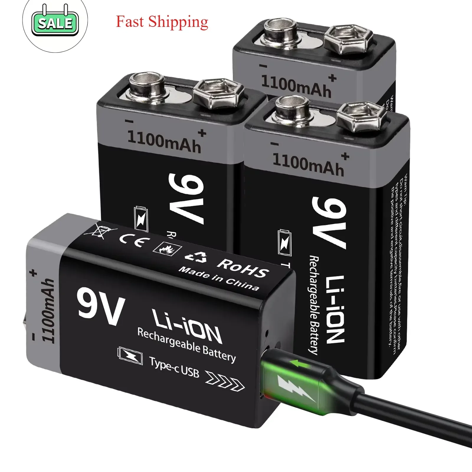 Batería 9V recargable litio USB-C 1100mAh 6F22 para pesca