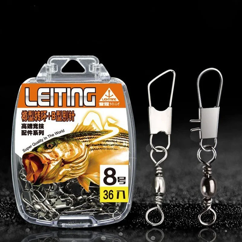 Conector de pesca giratorio de acero inoxidable, 24-36 unids/lote, Pin de rodamiento, señuelo de anzuelo, accesorios de aparejos giratorios con caja - imagen 2