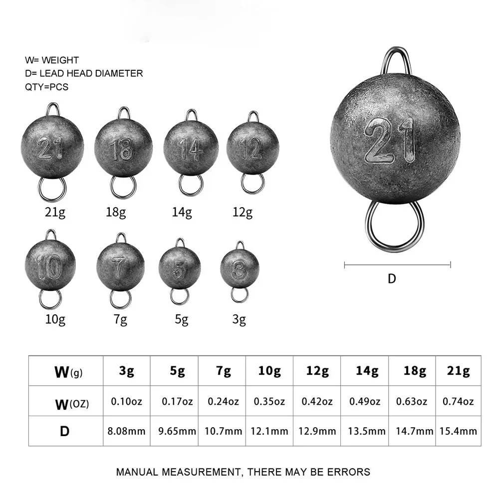Accesorios de pesca con cabeza de anzuelo con plomo, 3g, 5g, 7g, 10g, 12g, 14g, 18g, 21g, colgante de plomo, colgante redondo, plomos de pesca para señuelo - imagen 3
