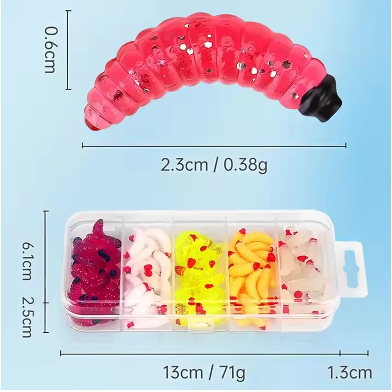 Combo de señuelo Artificial suave, 5 colores, Mini Kit de señuelo de gusano de comida, cebo de gusano, caja de señuelos de Pesca Wobbler de agua dulce y salada - imagen 3