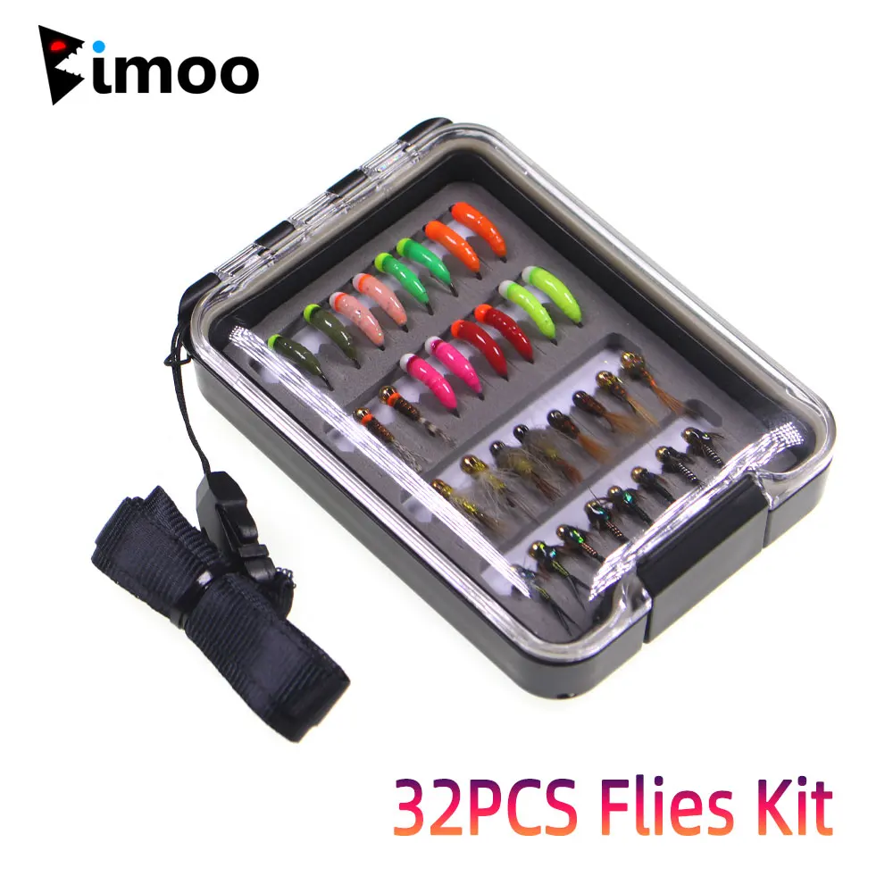Bimoo-Kit de 32 Uds de moscas, plantilla de cuentas de tungsteno, plantilla de fregadero rápido, plantilla de cobre John Fly luminosa, ninfa, trucha húmeda, Señuelos de Pesca en hielo