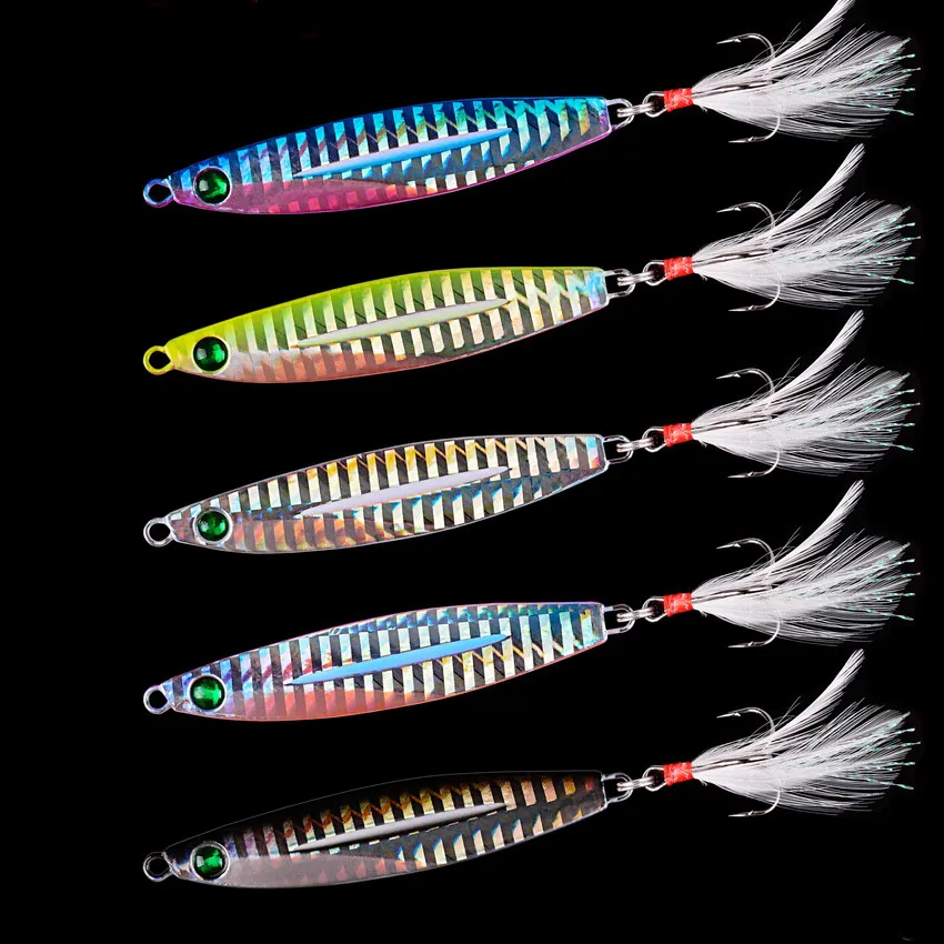Señuelos de Metal con forma de cuchara, cebo Artificial de 7G, 10G, 14G y 17G, aparejos de pesca de lubina superdura, para Orilla, Jigging lento, 5 unids/lote - imagen 3