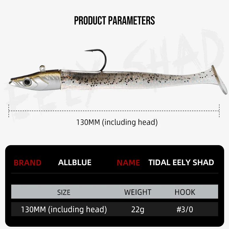 ALLBLUE Tidal Eely Shad — Señuelo vinilo cola paleta con cabeza jig - imagen 5