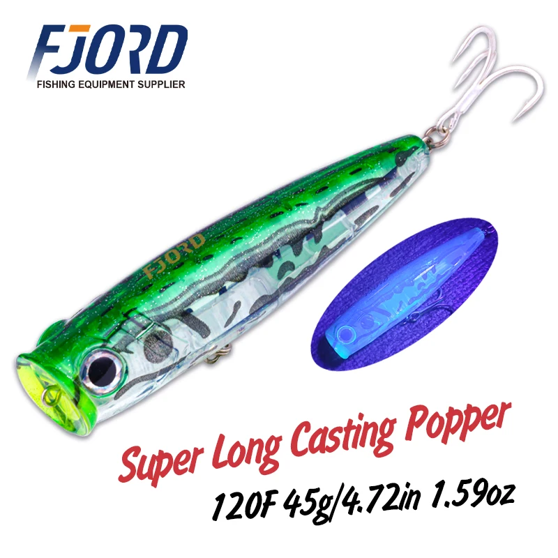 FJORD 120mm 45g Popper Topwater efecto UV láser piel agua salada señuelo de pesca de agua dulce cebos artificiales suministros de pesca