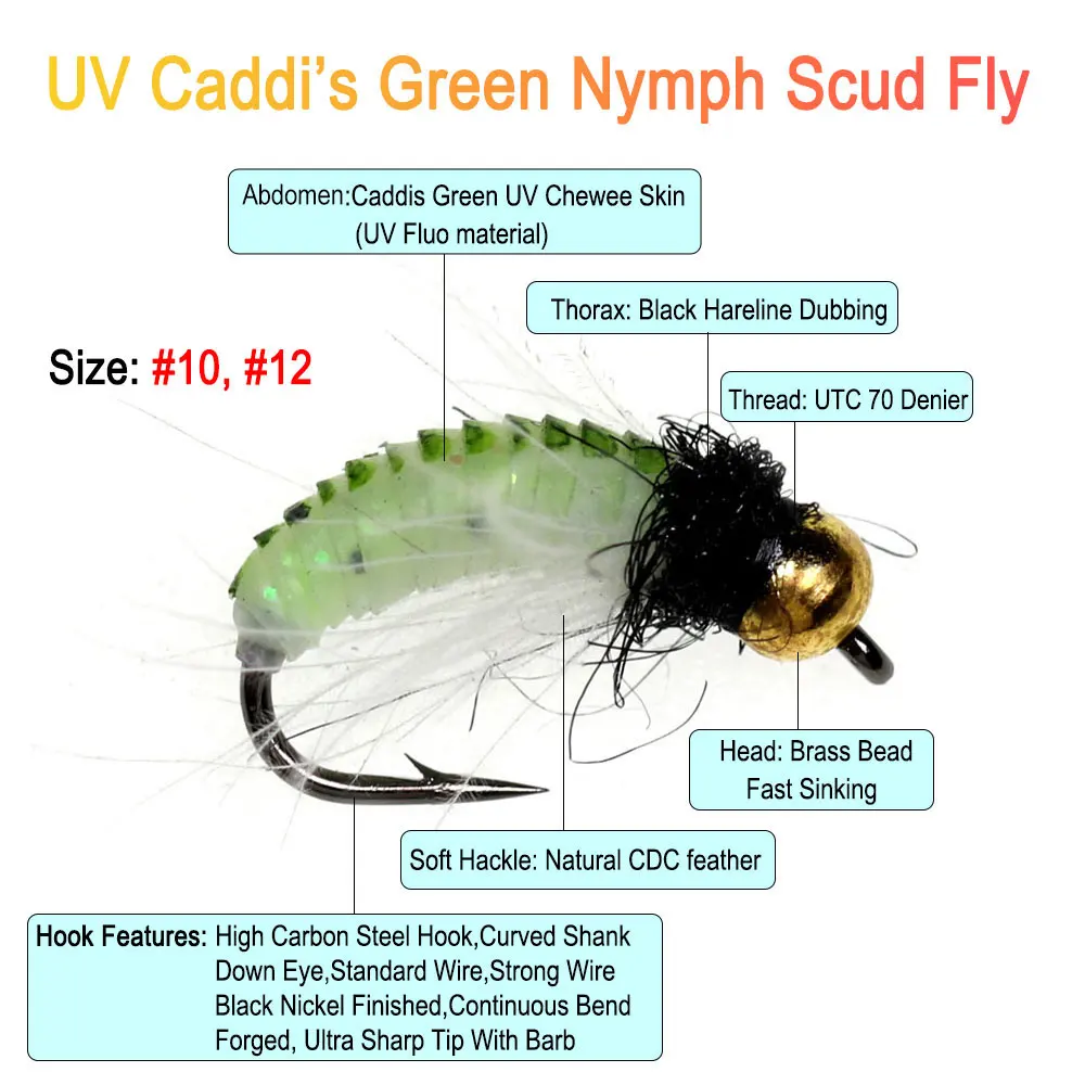 ICERIO-cebo de pesca de trucha, 24 unids/caja de latón Beadhead UV Caddi, ninfa, Scud, Mosca, pluma, CDC, hundimiento rápido - imagen 3