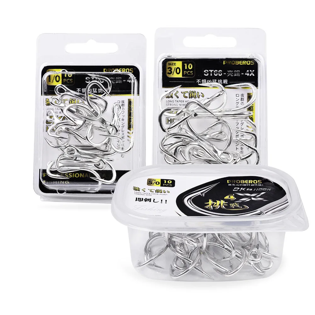Anzuelos de pesca antióxido, anzuelos triples de acero de alto carbono, superafilados, accesorios de Triple púas, 10 unids/lote por caja - imagen 5