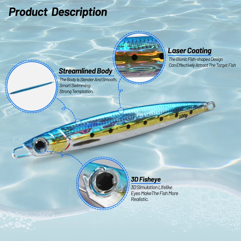 J94 100g 120g 150g 200g Jigging señuelo de pesca de agua salada impresión 3D láser brillante largo hundimiento rápido cebo de Jigging Vertical - imagen 3