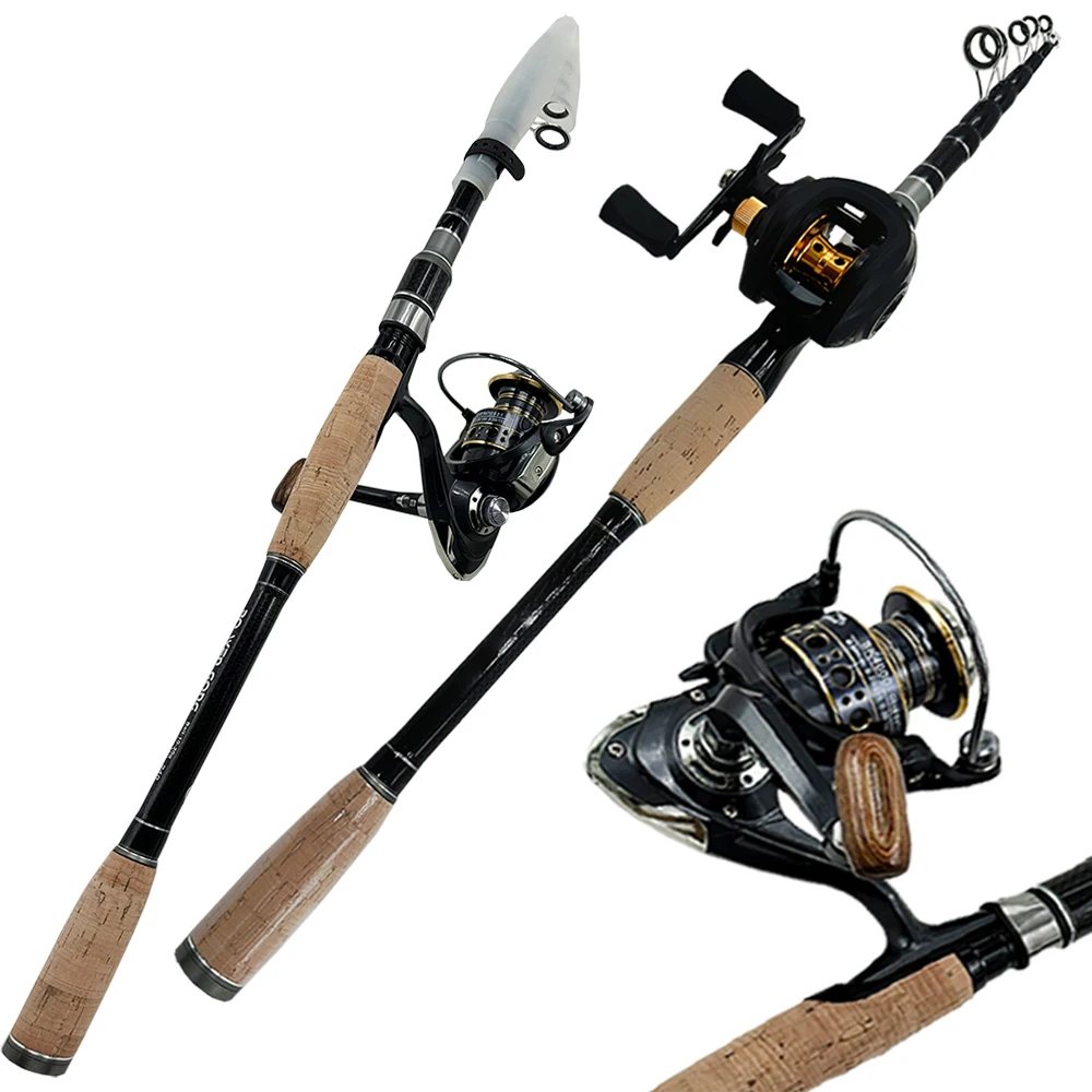 Combo de caña de pescar con señuelo de viaje, caña de fundición de carbono y carrete de Baitcasting, arrastre máximo de 8kg con Kit de gancho de línea de cebo para lubina, 1,8-2,4 M - imagen 2