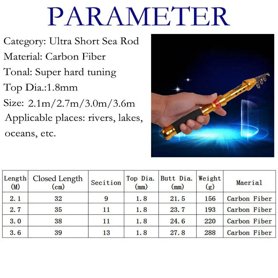 Caña de pescar telescópica 2,1 m 2,7 m 3,0 m 3,6 m cañas giratorias de viaje caña de trucha de fibra de carbono caña giratoria - imagen 4
