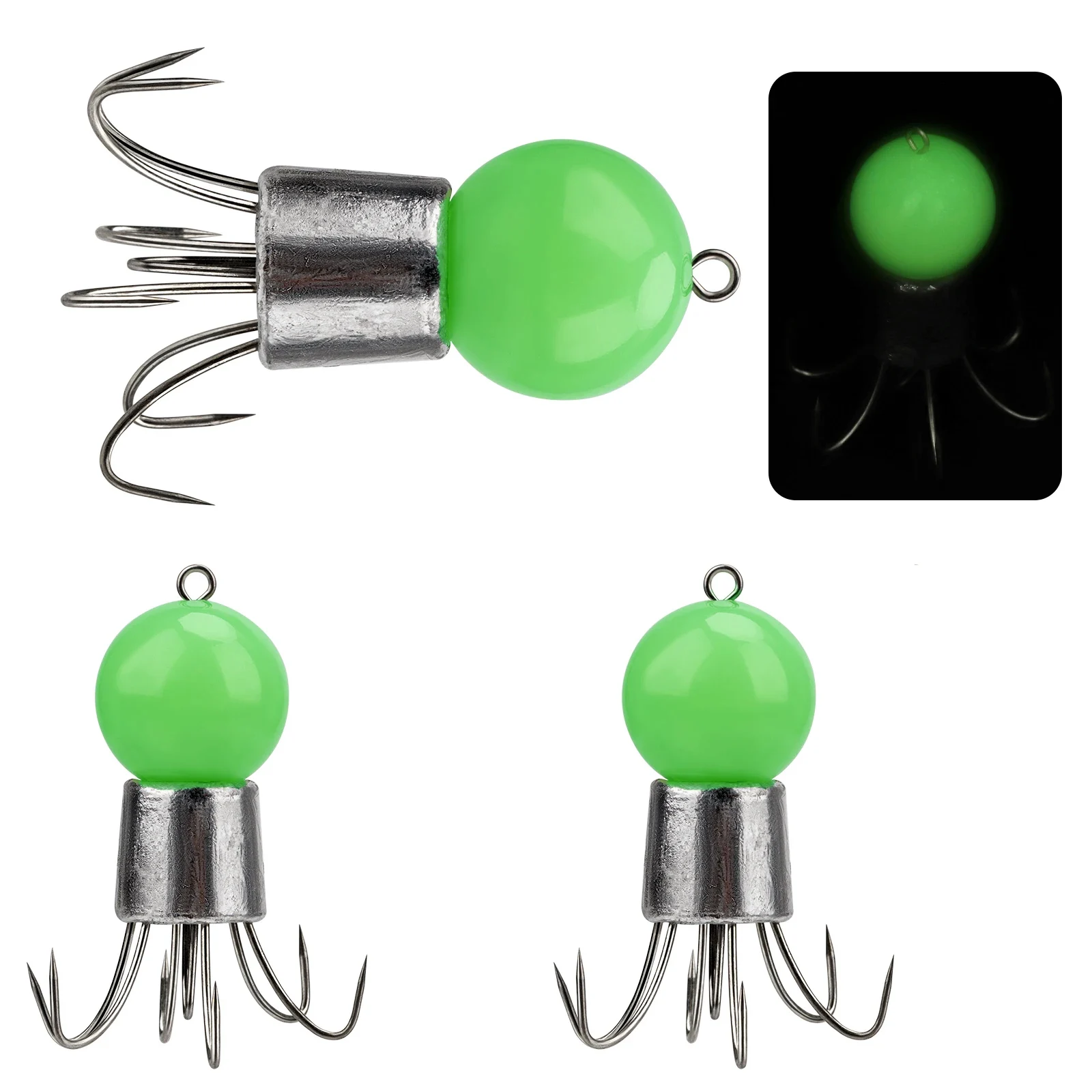 Anzuelos de calamar luminosos que brillan en la oscuridad, anzuelos de calamar y pulpo, señuelos de paraguas de simulación, gancho para pesca, 2 uds., 55g