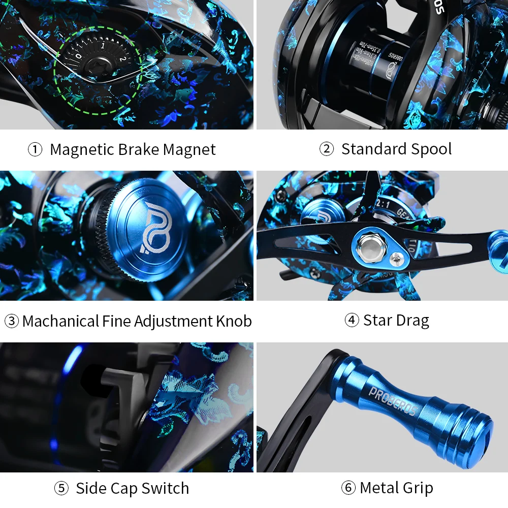 PROBEROS-carrete de Pesca Baitcast, accesorio con Ratio de engranaje 7,2: 1, carrete de Metal, arrastre máximo de 8kg, sistema de freno magnético - imagen 3