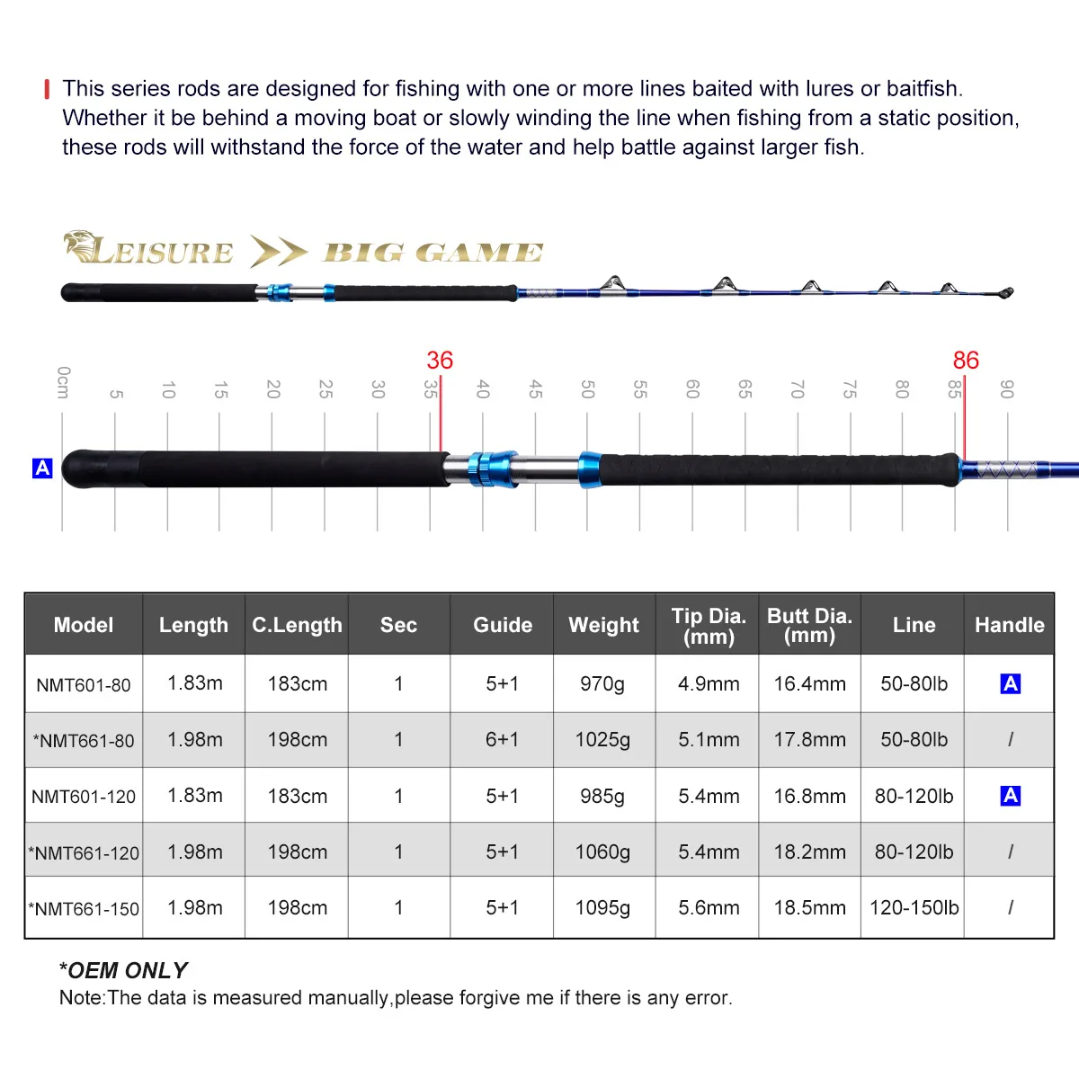 Noeby-caña de pescar para curricán, caña de pescar de 1,83 M, 50-120lb, todo rodillo, recta, resistente, para agua salada, juego grande - imagen 2