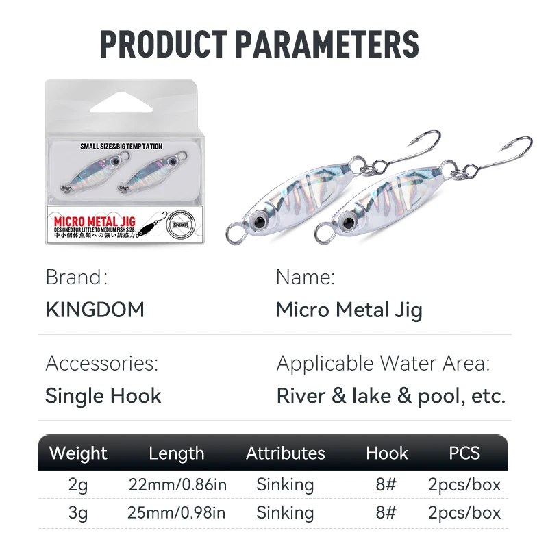 Kingdom 2 uds Señuelos de Pesca Jigging 2g 3g pesca hundida plantilla de Metal señuelo con un solo gancho cebo duro accesorios de pesca - imagen 2