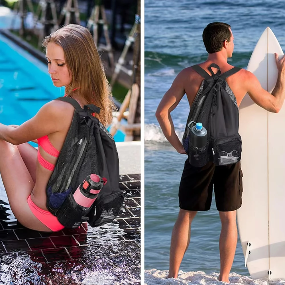 Mochila de malla, bolsa con cordón para natación, mochila con bolsillo húmedo, mochila de almacenamiento para la playa, bolsa de pesca al aire libre - imagen 5