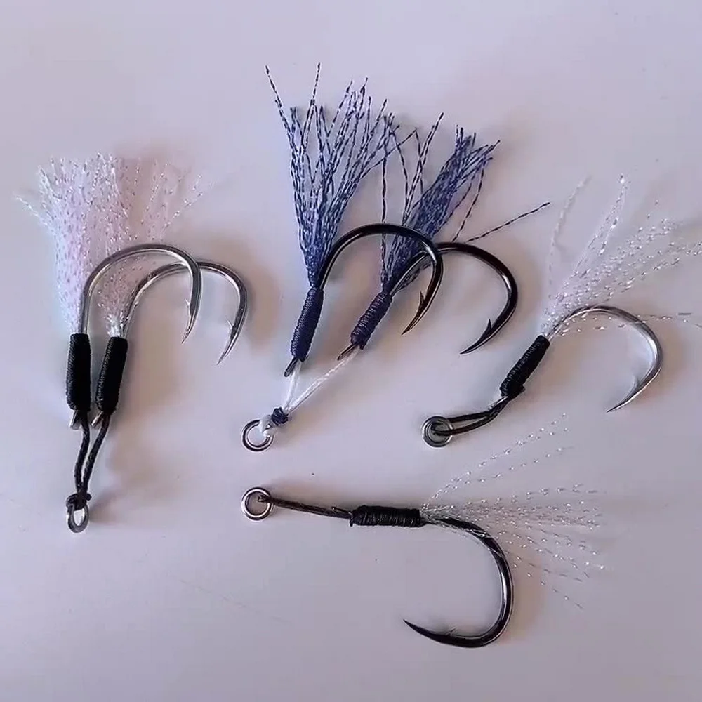 5 par/bolsa anzuelo de pesca 11 # -20 #   Anzuelos de asistencia, anzuelo con hilo, pluma luminosa, doble par, anzuelo de púas, anzuelo de pesca de mar - imagen 5